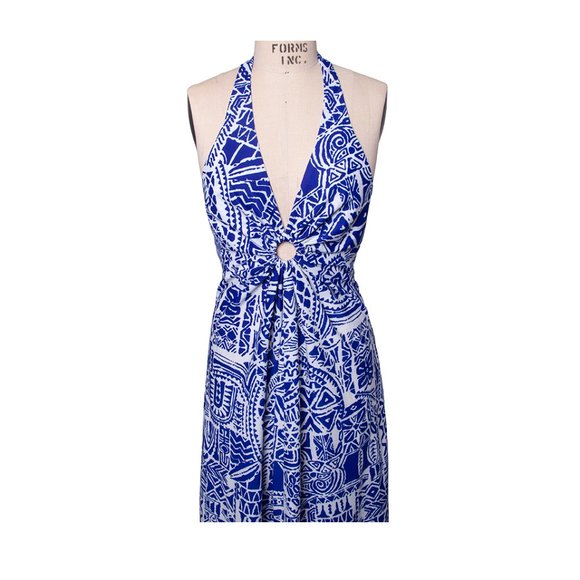 Vintage 60s 70s Hawaii Nei Hawaiian Blue White Halter Maxi Sundress Dress - Picture 2 of 16